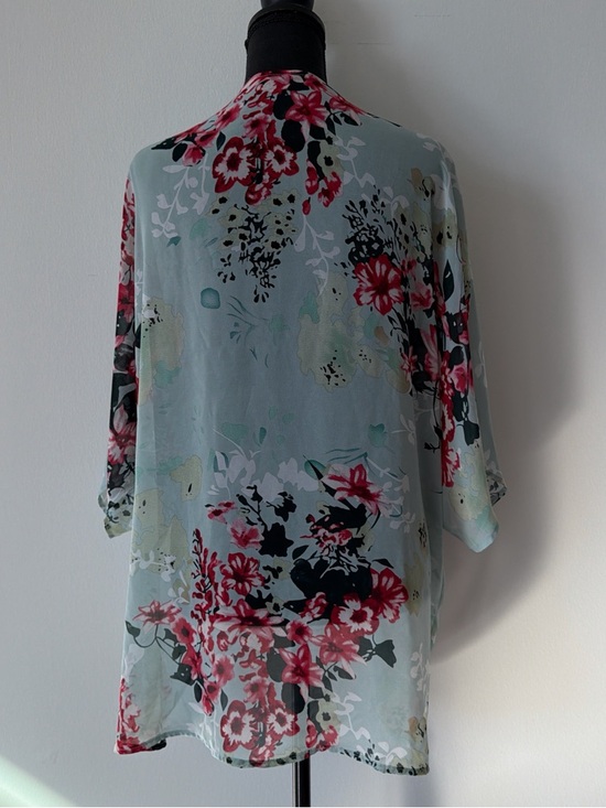 Floral Open-Front Kimono - Light Blue with Pink Floral - Picture 4 of 4